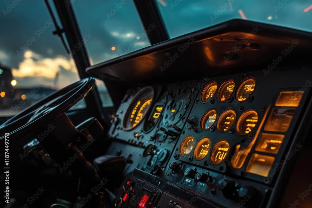Poster a nighttime view of an airplane cockpit with dimmed lights and controls
