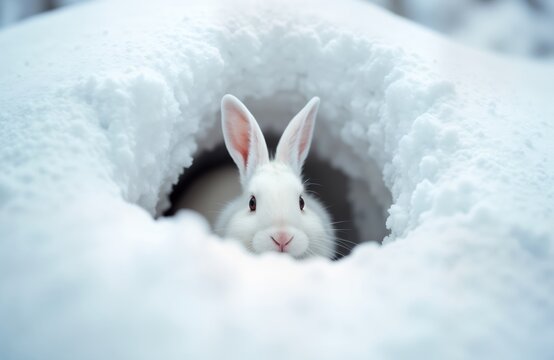 White rabbit hides in snow burrow during blizzard. Animal seeks shelter from harsh winter weather. Fluffy creature looks out at snowy landscape. Nature scene shows wildlife resilience in winter.