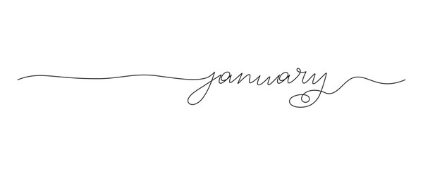 Lettering January drawn with continuous line in minimalism, abstract style, handwritten inscription, calendar, name of month, winter, planner, word, letters, one line, editable vector contour
