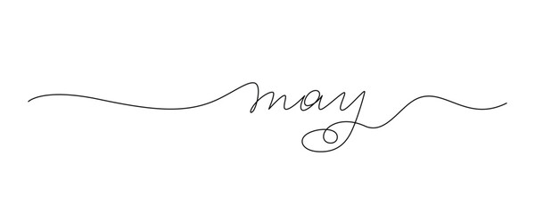 Lettering "May" drawn with continuous line in minimalism, abstract style, handwritten inscription, calendar, name of month, spring, planner, word, letters, one line, editable vector contour
