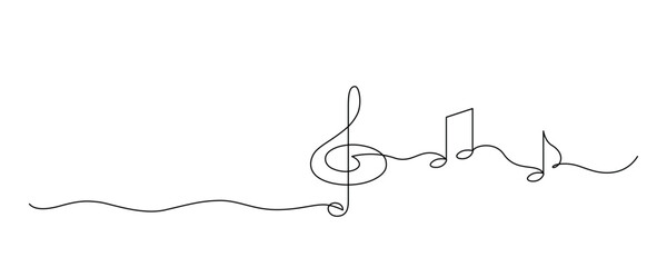 Treble clef and sheet music drawn with continuous line in minimalism, abstract style, music literacy, sign of linear notation, one line, editable vector contour