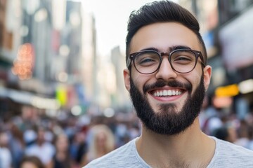 A happy man with a beard and glasses posing for a photo, great for editorial or commercial use