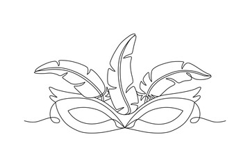 Carnival feather mask drawn with continuous line in minimalism, abstract style, masquerade accessory, one line, editable vector contour