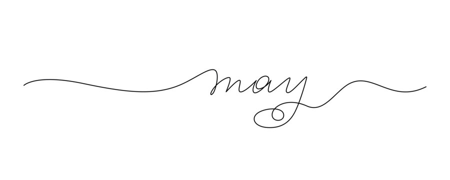Lettering "May" drawn with continuous line in minimalism, abstract style, handwritten inscription, calendar, name of month, spring, planner, word, letters, one line, editable vector contour