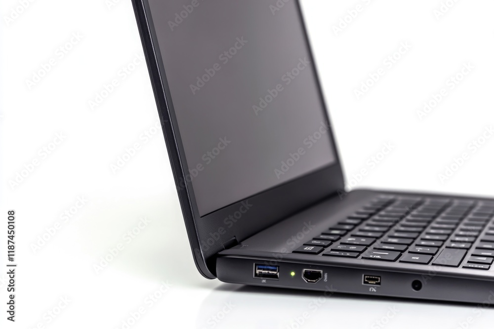 Poster a black laptop computer sitting on a white surface, great for tech-related concepts and ideas