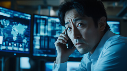 Fototapeta premium 夜間に電話対応する緊張した表情の日本人男性