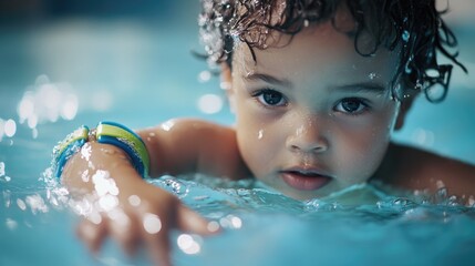 A young child swimming in a pool with a wristband, suitable for use in advertising children's summer camps or promoting water safety