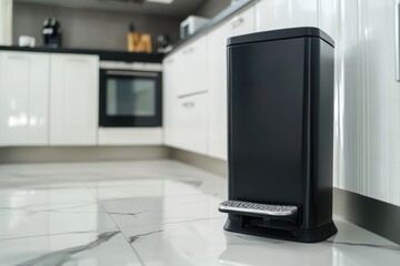 A black trash can sits on the floor in a modern kitchen, suitable for use as an interior design element or a utility image