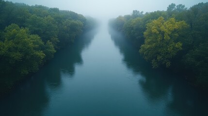 rain wind and fog on the river surrounded by trees urban area