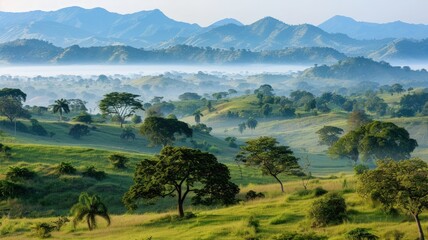 Obraz premium Misty morning landscape with rolling green hills, scattered trees, and distant mountains under a clear sky.