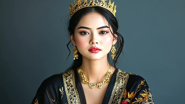 A serene woman from Thailand wearing a traditional Thai silk dress (chut thai), her intricate gold jewelry and detailed crown emphasizing her cultural roots.