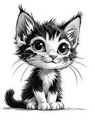 Obraz premium Adorable kitten with large eyes and fluffy fur sitting calmly in a grayscale illustration