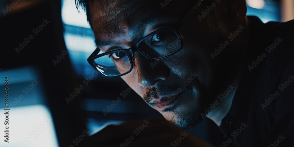 Poster a person studying laptop screen with glasses on, suitable for tech-related or learning concept image