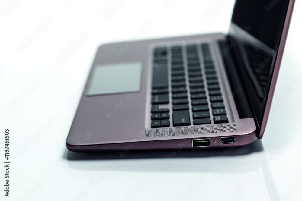 Poster a laptop computer sitting on a clean white table, great for office or workspace use