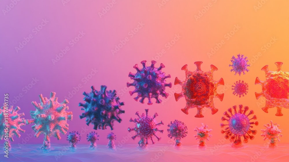 Poster virus forms evolving from simple structures to complex entities in a vibrant gradient background. ge