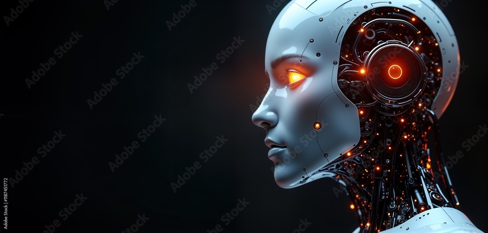 Aufkleber Futuristic female humanoid robot face in profile view. AI tech illustration with glowing orange eyes, internal mechanisms visible. Advanced robotic design. Possible uses for sci-fi concepts, tech