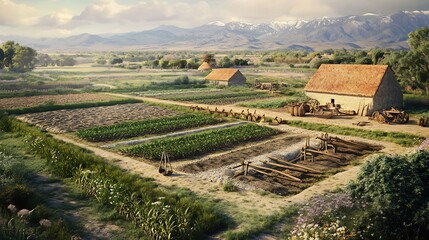 Ancient agriculture depicted restored irrigation systems and farming tools showcasing early techniques of food production