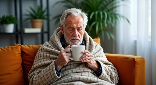 Elderly man wrapped in plaid blanket sits on sofa in unheated apartment. Shivering, drinking hot tea. Look suggests discomfort, illness. Winter, cold weather, financial problems affect well-being.