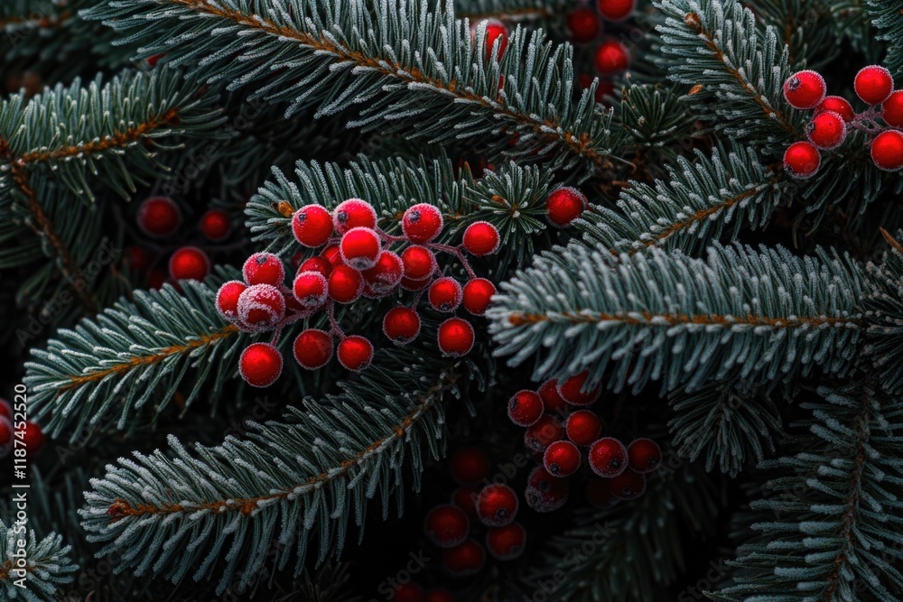 Poster close-up of a pine tree branch with bright red berries, great for autumn or winter themes