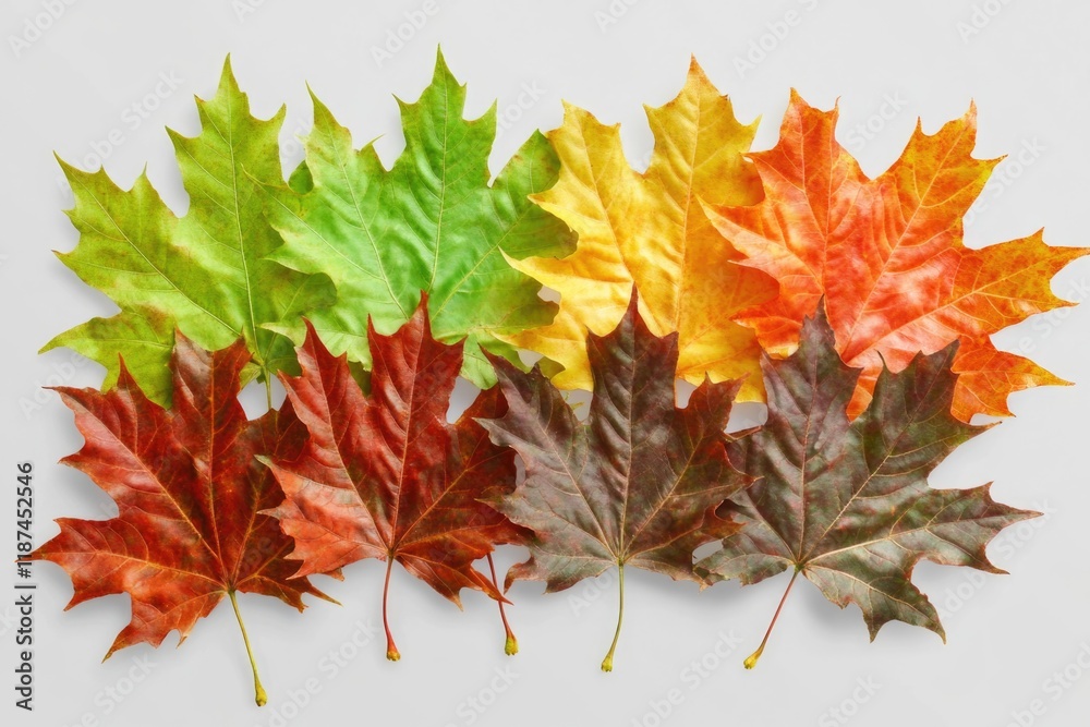 Poster a collection of variously colored leaves arranged on a plain white surface