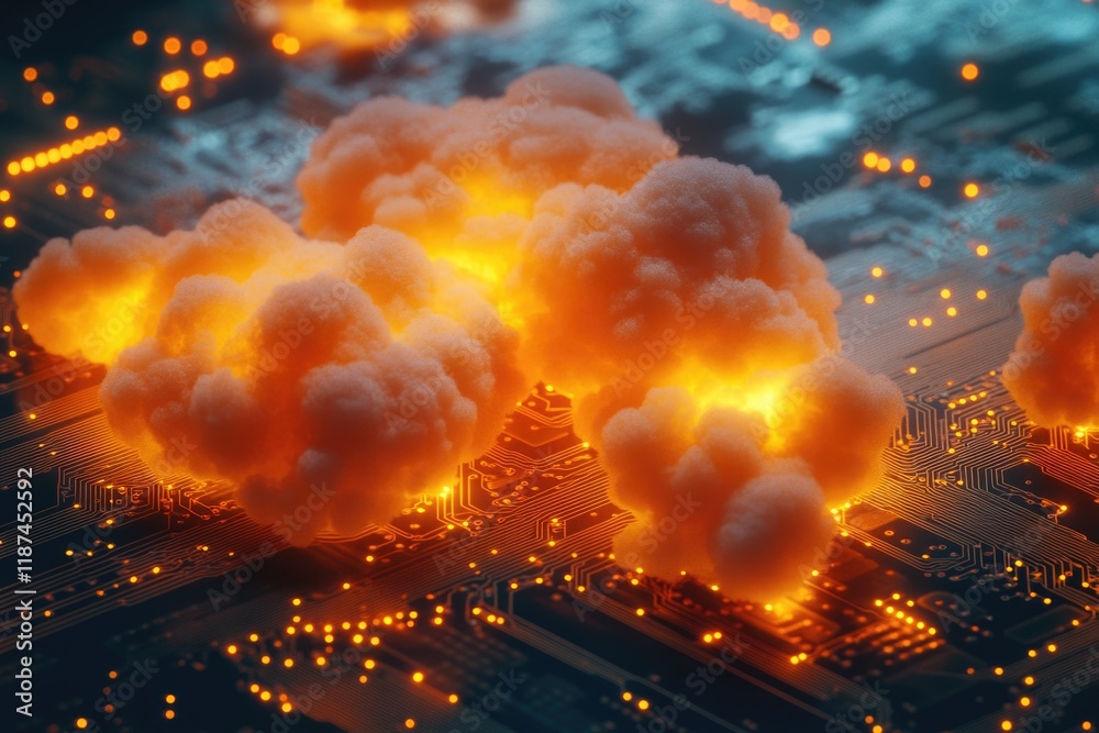 Poster a close-up view of a computer motherboard with thick smoke emitting from it