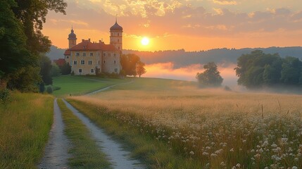 Obraz premium schloss mit landschaft im sonnenaufgang