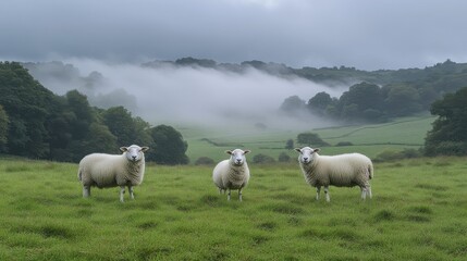 Obraz premium sheep grazing in misty landscape
