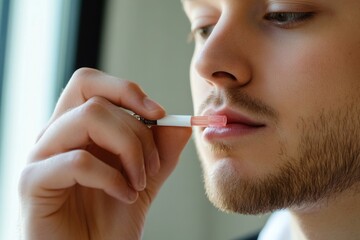 A person holds a lit cigarette in their mouth, possibly at an outdoor location