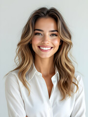 Fototapeta premium Empowered latina, smiling, office attire, entrepreneur, businesswoman, confident, happy.