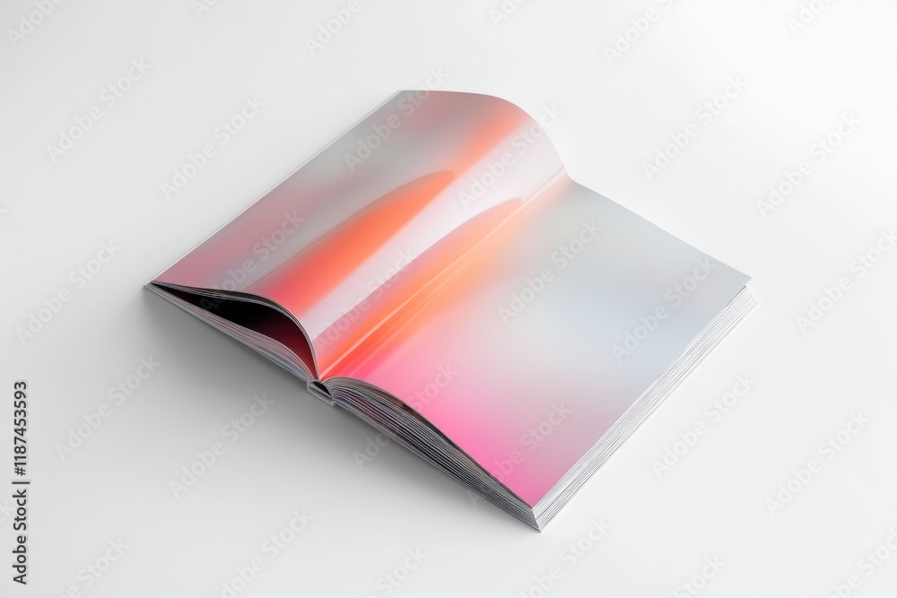 Poster a close-up of an open book lying flat on a white surface
