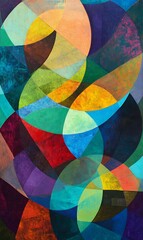 Fototapeta premium Glowing green and blue overlapping circles with diagonal lines in contrasting warm tones.