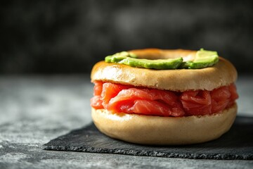 Fresh salmon fillet served on whole grain bread with mashed avocado, perfect for a quick lunch or snack