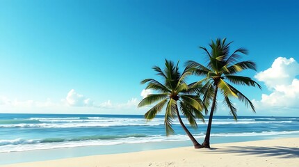 Fototapeta premium Two palm trees on a sandy tropical beach with turquoise ocean waves and blue sky