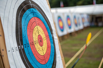 Archery Target Close-up with Blurred Background of Archery Range