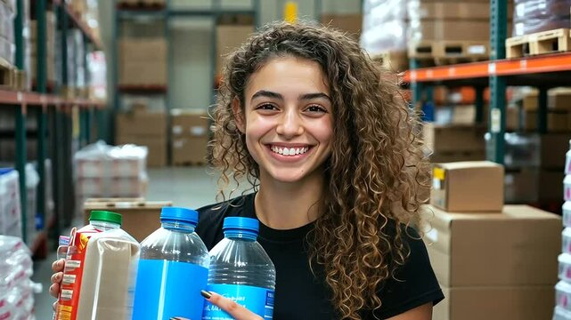 A young woman beams with joy as she packs a bag with bottles of water and non-perishable goods, the organized chaos of the food bank warehouse in the backdrop.