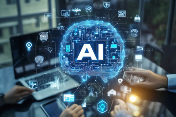 Futuristic AI Interface: Glowing Blue Holographic Display with Floating Technology Icons and Data Visualization in a High-Tech Workspace