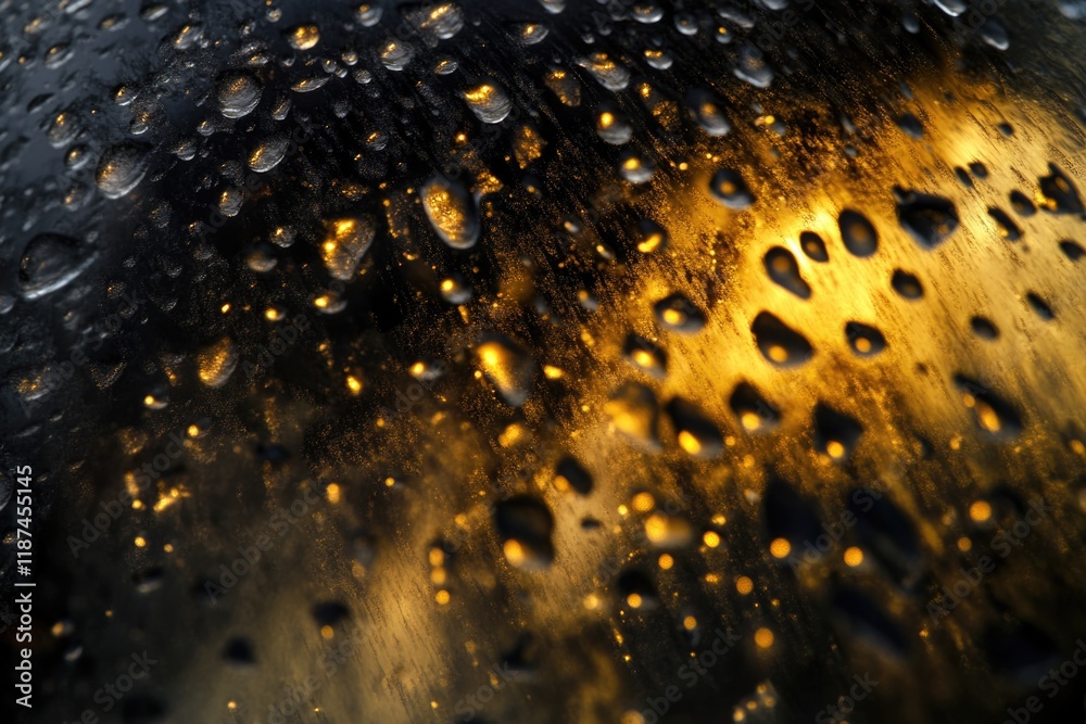 Poster close-up shot of tiny water droplets forming on a window surface, with blurred background