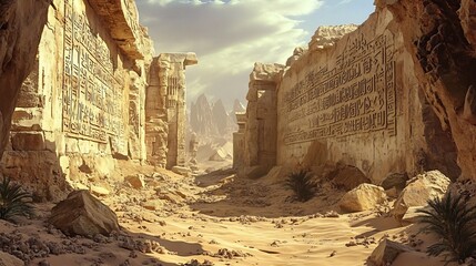 Depiction of ruins deserts with remnants of ancient palaces and inscriptions on weathered stone walls