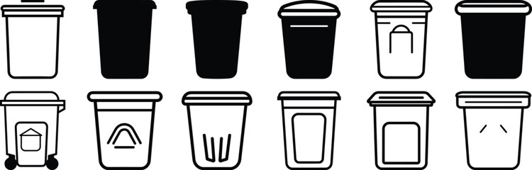 Trashcan silhouettes set, garbage pack of vector silhouette design, isolated background