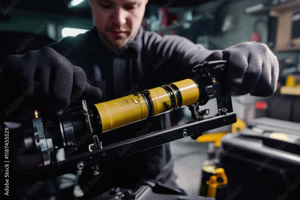 Poster a person tinkering with a machine in a typical garage setting, possibly indicating a diy or repair p