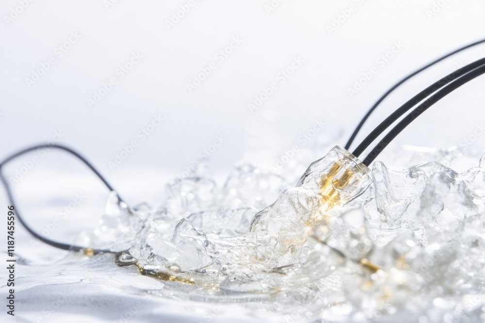 Poster a single piece of ice on a flat surface, ideal for use in still life photography or as a symbol for 