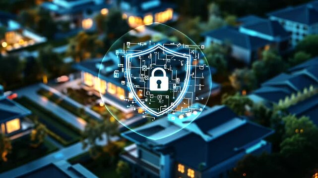 An aerial view captures a high-tech smart home glowing amidst dusk shadows, with a floating shield and padlock icon affirming its activated security system.