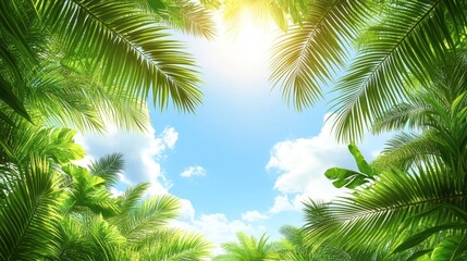 Fototapeta premium Palm leaves frame sunny sky with clouds in tropical jungle.
