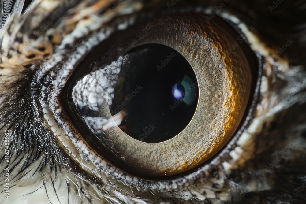 Poster a detailed view of an owl's eye, highlighting its unique features and texture