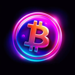 Obraz premium Bright bitcoin icon illuminated with colorful neon lights in a dark background