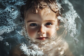 Obraz premium A young child is having fun blowing bubbles underwater