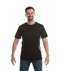 Fototapeta premium Man in blank black t-shirt on white background. Mockup for design