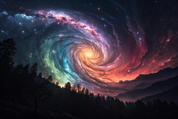 Obraz premium Celestial Vortex A Galactic Spiral Over a Mountainous Forest
