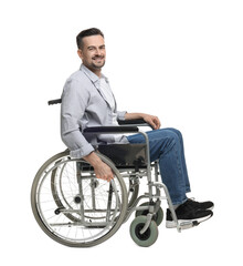 Obraz premium Smiling man in wheelchair on white background