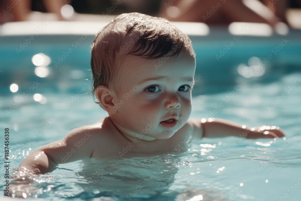 Poster a young child splashing around in a pool with adults and possibly other kids in the background